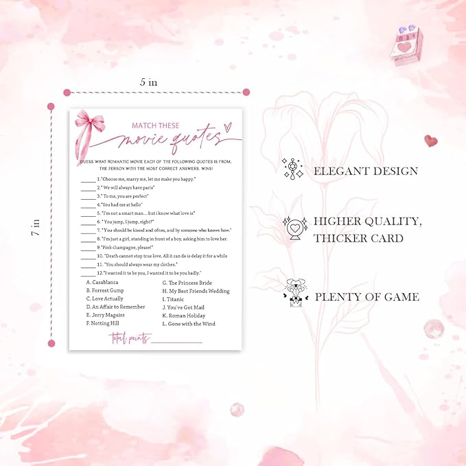 Bridal Shower Games Cards, Match These Movie Quotes, 25 Cards - Image 2