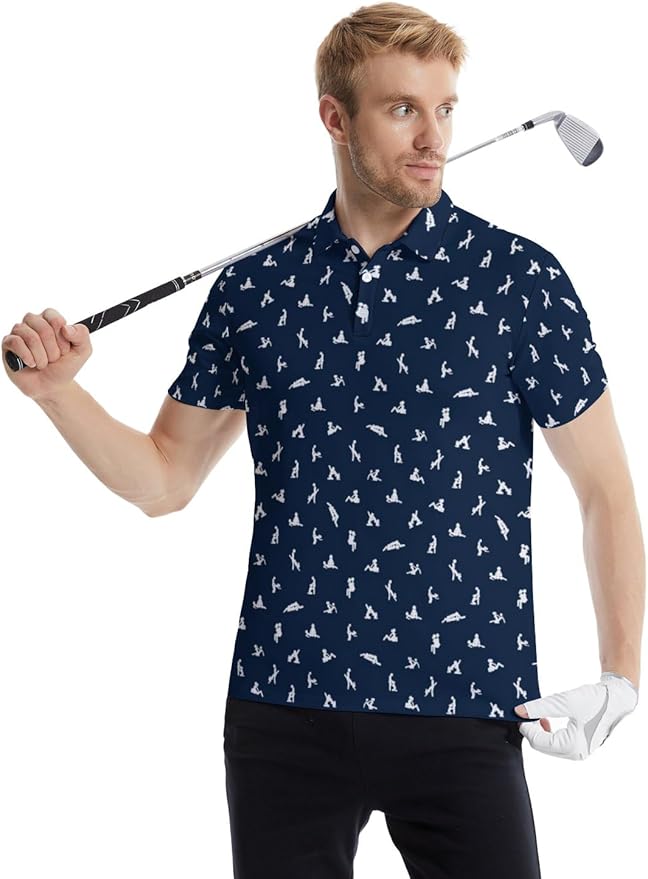 HUURAY Funny Golf Polos for Men Funny Print Short Sleeve Shirts Quick Dry Polo Shirts Hawaiian Shirt Performance Golf Outfits