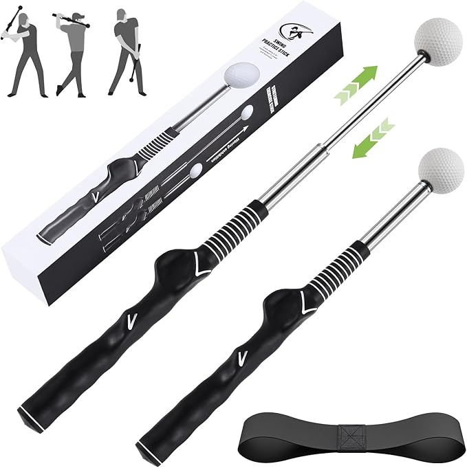 MIKOSI Retractable Golf Swing Trainer, Golf Grip Trainer and Golf Training Aid for Chipping Hitting & Grip Correction, Golf Swing Practice Stick with Arm Band for Right/Left-Handed, Indoor/Outdoor