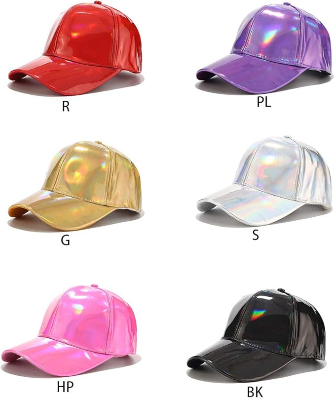Women Men Faux Leather Baseball Cap Glitter Metallic Holographic Rainbow Reflective Hip Hop Adjustable Strapback Peaked Hat Silver