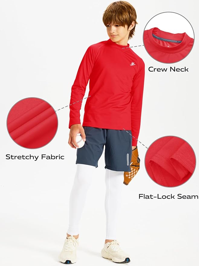 DEVOROPA Youth Boys Compression Thermal Shirt Long Sleeve Kids Fleece Baselayer Soccer Baseball Undershirt Slim/Regular/Husky