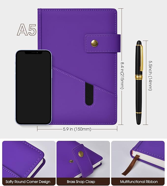 Purple A5 Lined Leather Journal Notebook - Image 2
