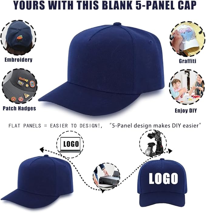 ZH 12 PC 5 Panel Baseball caps, Bulk Baseball caps, Customizable DIY Design, Wholesale Caps, One-Size-Fits-All