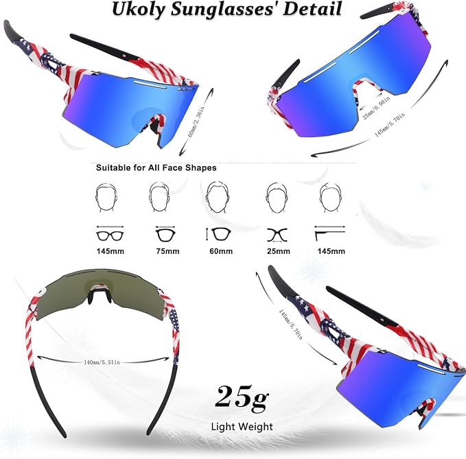 Ukoly Cycling Sunglasses for Men Women with 3 Interchangeable Lenses, Polarized Sports Sunglasses, Baseball Sunglasses
