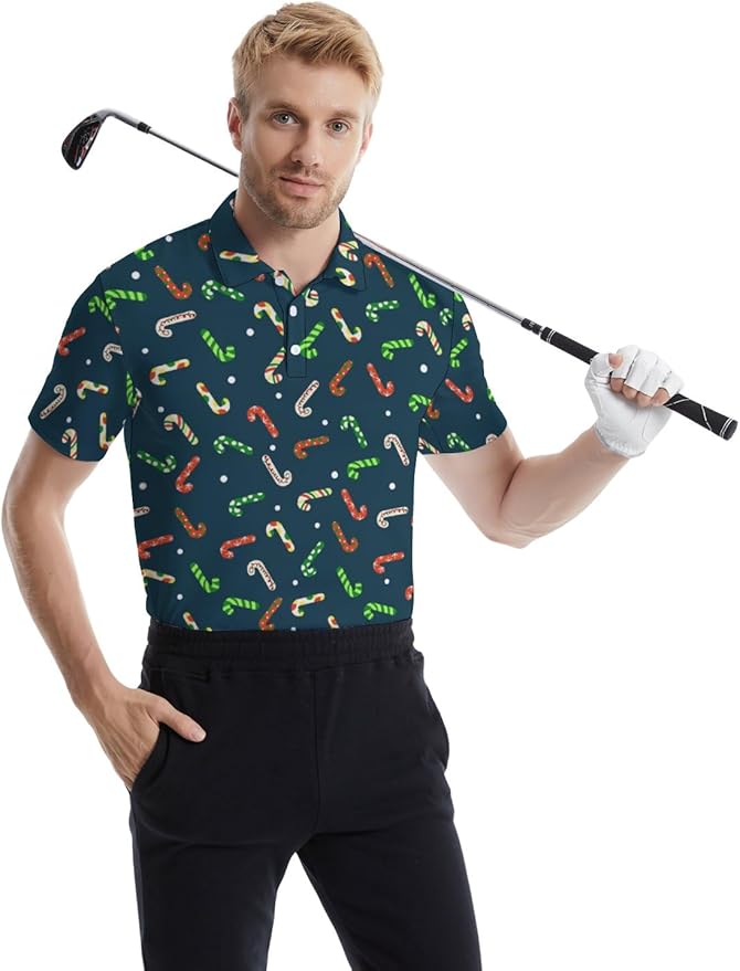 HUURAY Funny Golf Polos for Men Funny Print Short Sleeve Shirts Quick Dry Polo Shirts Hawaiian Shirt Performance Golf Outfits