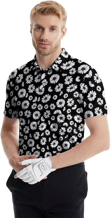 HUURAY Funny Golf Polos for Men Funny Print Short Sleeve Shirts Quick Dry Polo Shirts Hawaiian Shirt Performance Golf Outfits