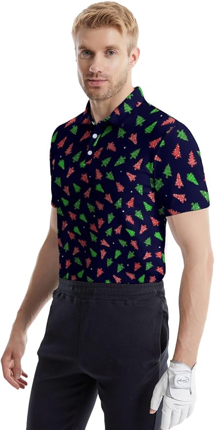 HUURAY Funny Golf Polos for Men Funny Print Short Sleeve Shirts Quick Dry Polo Shirts Hawaiian Shirt Performance Golf Outfits