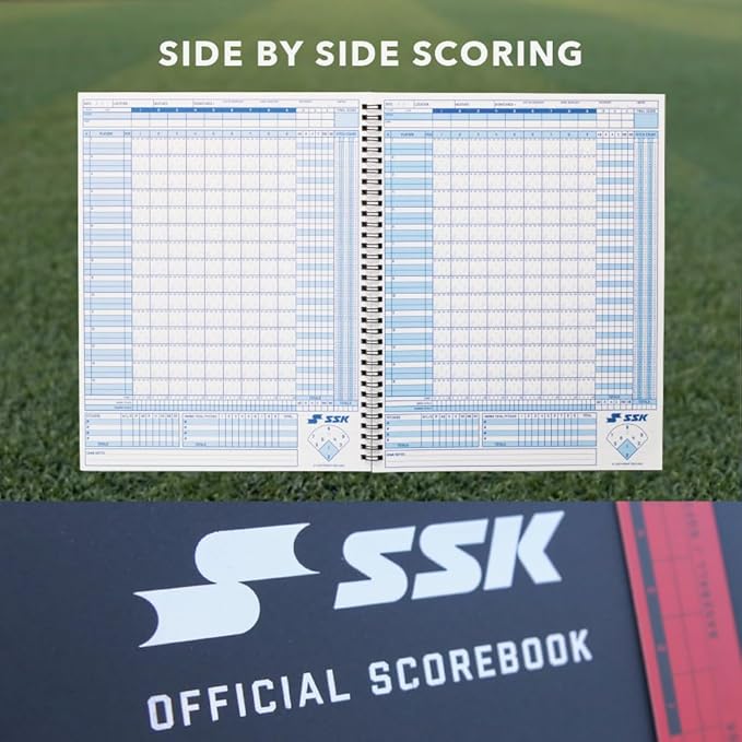 SSK 50 Game Official Scorebook Baseball + Softball – Premium Cover Score Keeping Book – 15 Player - Home + Away Team – 9.25”x12”