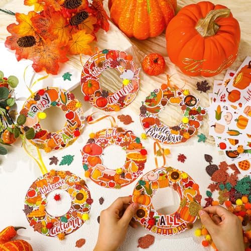 Hollowfly 48 Sets Fall Wreath Craft Kits, DIY Paper Crafts with Stickers