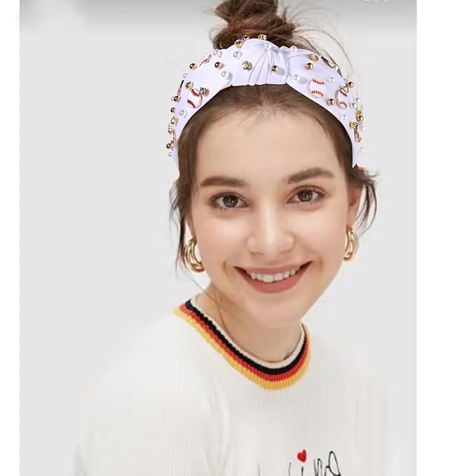 Baseball Headband for Women Baseball Accessories Beaded Crystal Pearl Knotted Headbands Baseball Charm Embellished Headbands Wide Top Knot Sports Game Day Headband Gifts (A-White)