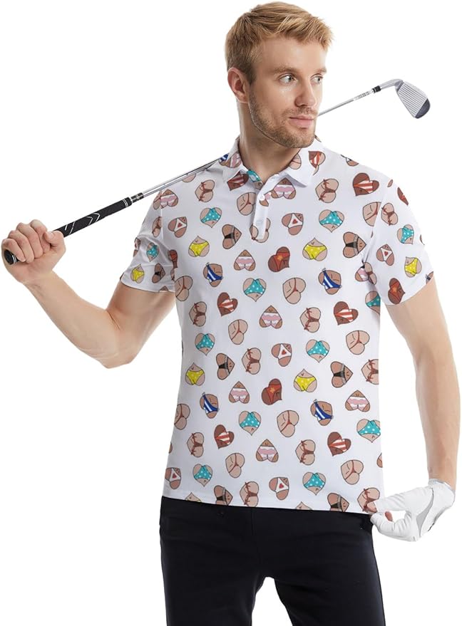 HUURAY Funny Golf Polos for Men Funny Print Short Sleeve Shirts Quick Dry Polo Shirts Hawaiian Shirt Performance Golf Outfits