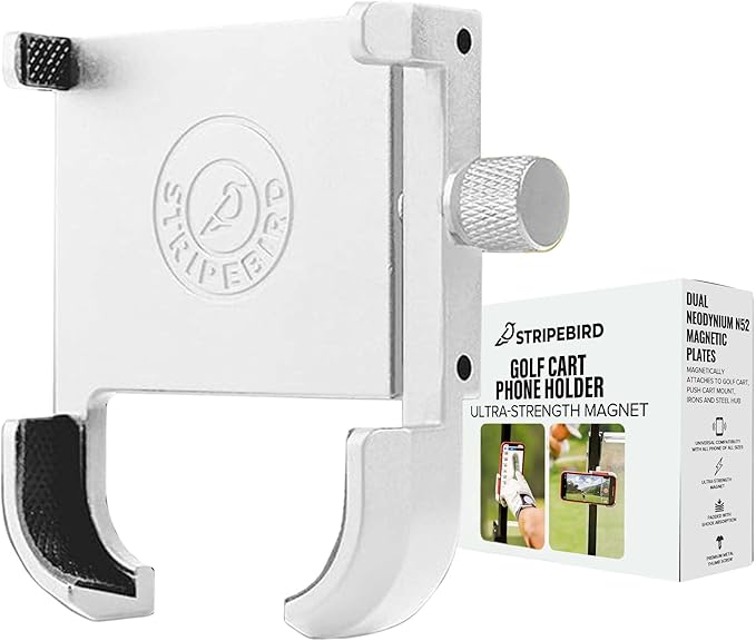 Stripebird - Magnetic Golf Cart Phone Holder - US Patented, Neodymium N52 Magnets - Golf Cart Phone Mount for iPhone & Samsung - Slim Golf Caddy Accessories for Men & Women