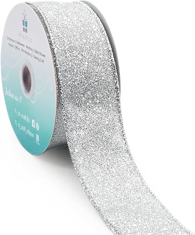 CT CRAFT LLC Glitter Wired Ribbon 1.5" x 10 Yards Silver by CTCRAFTLLC