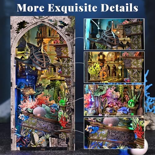 fifijoy Book Nook Kit - DIY Miniature Dollhouse for Adults and Teens, Creative Bookshelf Decor 3D Wooden Puzzle Bookend with LED Light, Unique Gift for Family and Friends (Lost City of Atlantis)