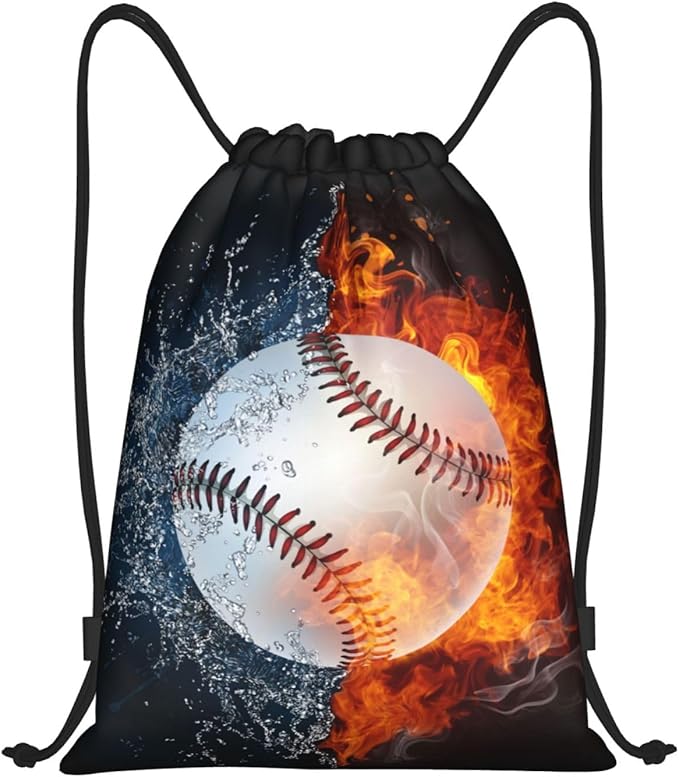 Kids Baseball Drawstring Bags Boys Girls, Cool Sports Drawstring Backpack with Fire and Water Pattern Printed, Black Casual Knapsack Bags for Teens Adults for Gym Travel Swimming Beach Camping, Medium