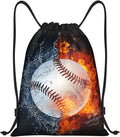 Kids Baseball Drawstring Bags Boys Girls, Cool Sports Drawstring Backpack with Fire and Water Pattern Printed, Black Casual Knapsack Bags for Teens Adults for Gym Travel Swimming Beach Camping, Medium
