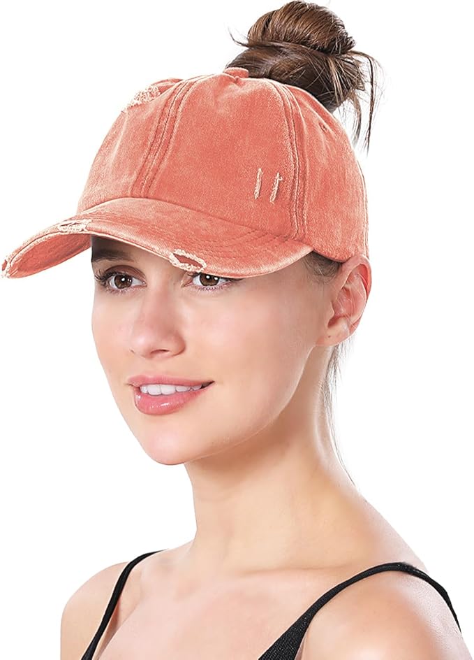 Criss Cross Ponytail Hat Women Washed Distressed Baseball Caps Adjustable High Messy Bun Ponycap