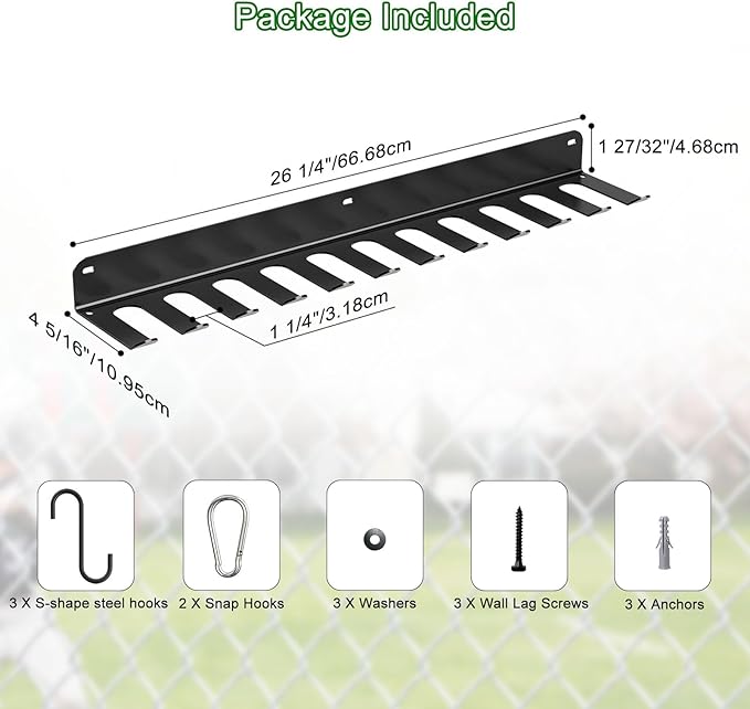 QBA Wall Mount Baseball Bat Holder, Heavy Duty Metal Bat Rack, Holds 22 Bats, Bats Organizer for Dugout Fence Home Garage (Black)
