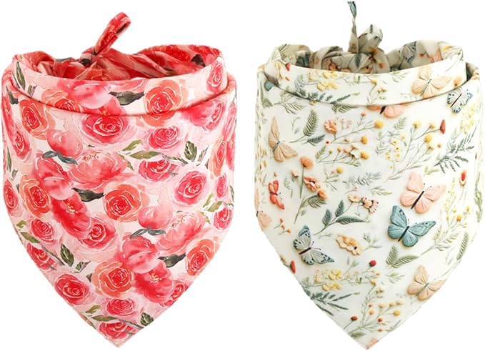 2 Pack Dog Bandana Reversible Triangle Bibs Scarf Accessories Butterfly Flower for Cats Pets Animals