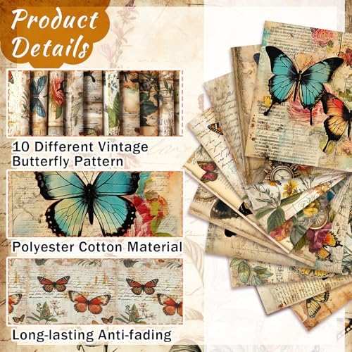Hahafelt 10 Pcs Vintage Butterfly Quilting Fabric Bundles 20 x 20 Inch
