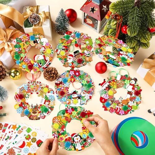 Hollowfly 48 Sets Christmas Wreath Craft Kits with Stickers