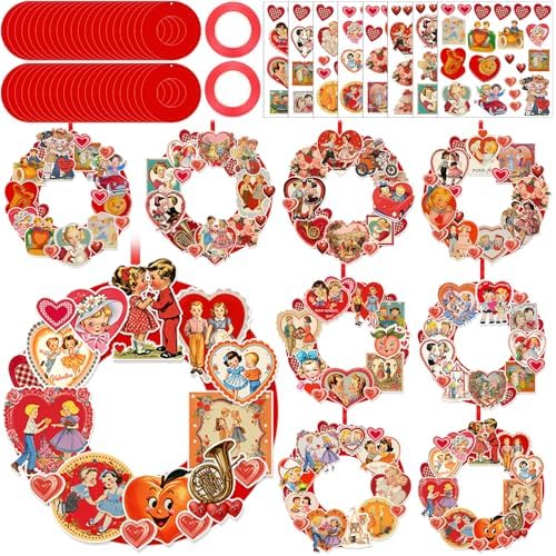 Hollowfly 48 Sets Vintage Valentine DIY Wreath Craft Kit for Kids Classroom