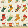 Lunarable Christmas Fabric by The Yard, Whimsical Colorful Xmas Stockings in a Row Falling Leaves Snowflakes, Decorative Fabric for Upholstery and Home Accents, 1 Yard, Cream Green Vermilion