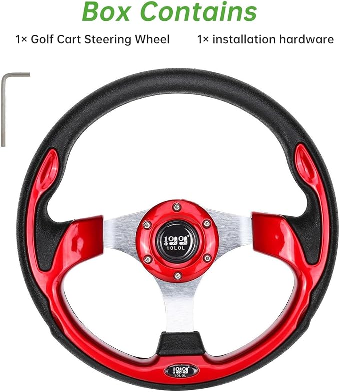 10L0L Golf Cart Steering Wheel, Universal Design Fit for Yamaha, EZGO RXV & TXT, Club Car DS, Club Car Precedent Tempo, Most Golf Cart(Red)