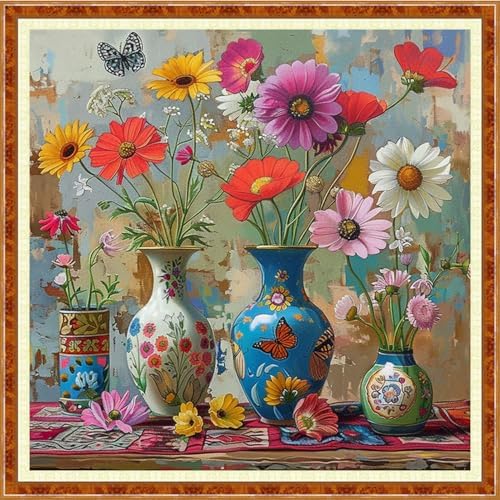 Joyhoor Stamped Cross Stitch Kits for Beginners Needlepoint Kits for Adults Embroidery Kits 11CT Counted Cross Stitch Kits Printed Embroidery Pattern-Beautiful Flower vase 18x18 inch
