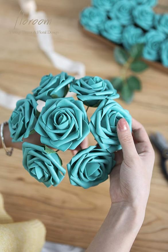 Floroom Artificial Flowers 25pcs Real Looking Teal Green Foam Fake Roses - Image 3