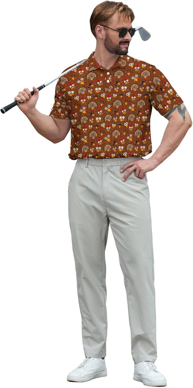 HUURAY Funny Golf Polos for Men Funny Print Short Sleeve Shirts Quick Dry Polo Shirts Hawaiian Shirt Performance Golf Outfits
