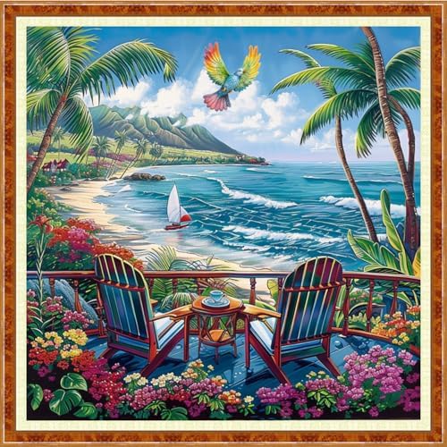 Joyhoor Stamped Cross Stitch Kits for Beginners Needlepoint Kits for Adults Embroidery Kits 11CT Counted Cross Stitch Kits Printed Embroidery Pattern-Rest Drink Tea by Seaside 18x18 inch