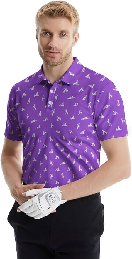 HUURAY Funny Golf Polos for Men Funny Print Short Sleeve Shirts Quick Dry Polo Shirts Hawaiian Shirt Performance Golf Outfits