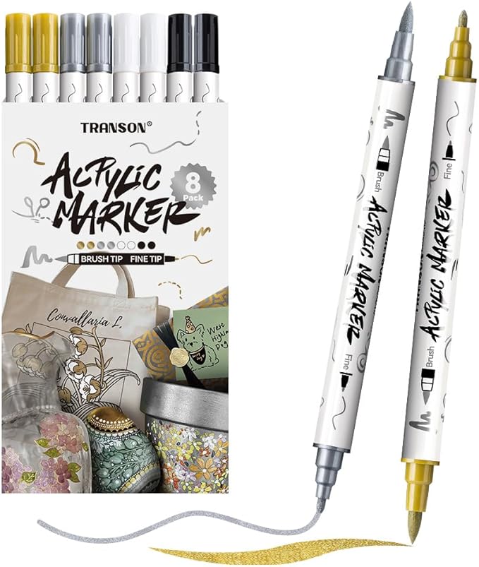 TRANSON 2 Gold, 2 Silver, 2 Black and 2 White Paint Markers Brush and Fine by Transon