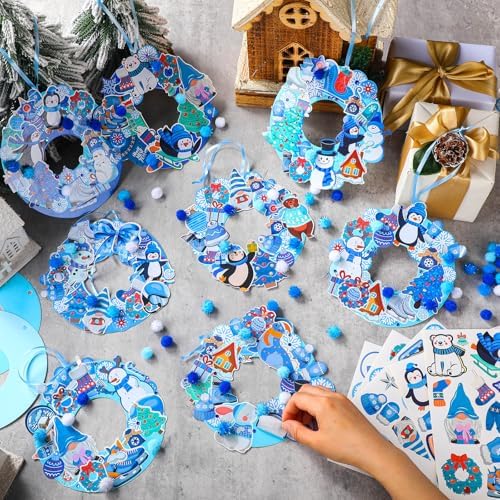 Hollowfly 48 Sets Winter Wreath Craft Kits, DIY Snowflake Snowman Decor