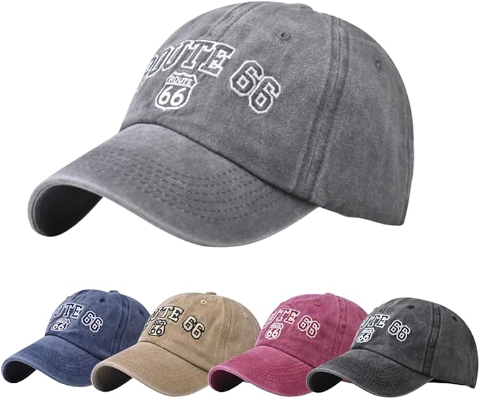 Vintage Washed Cotton Baseball Caps for Women Men Classic Route 66 Embroidered Sun Protection