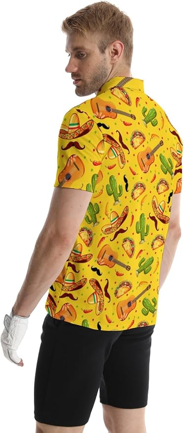 HUURAY Funny Golf Polos for Men Funny Print Short Sleeve Shirts Quick Dry Polo Shirts Hawaiian Shirt Performance Golf Outfits