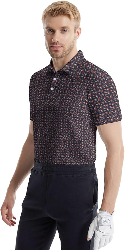 HUURAY Funny Golf Polos for Men Funny Print Short Sleeve Shirts Quick Dry Polo Shirts Hawaiian Shirt Performance Golf Outfits