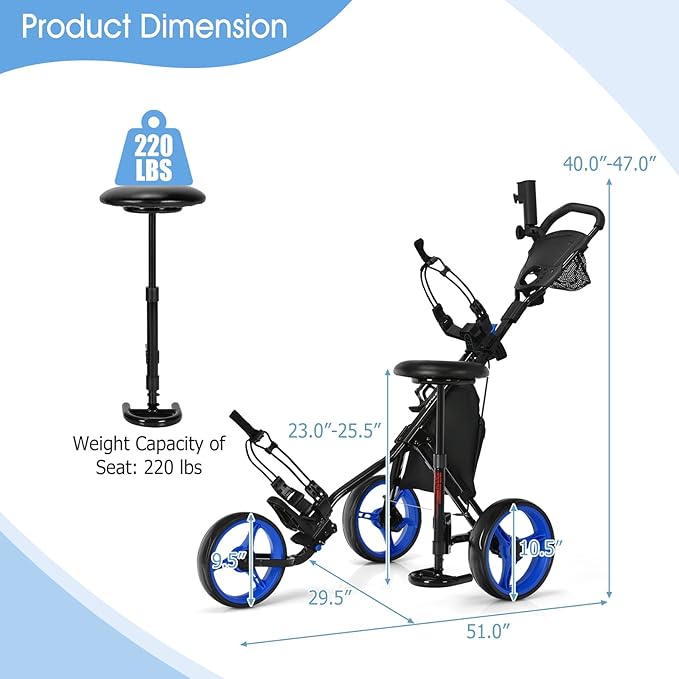 Tangkula Foldable Golf Push Cart, Navy Blue, Sturdy Steel Frame, Adjustable Handle, Ball Bearing Wheels, Foot Brake, Waterproof Storage Bag