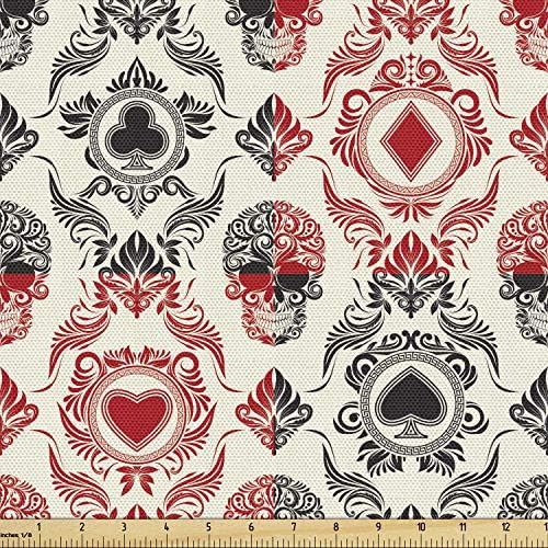 Lunarable Skull Fabric by The Yard, Playing Card Themed Skeleton Head Ace of Spades Diamonds Hearts Victorian, Decorative Fabric for Upholstery and Home Accents, 1 Yard, Vermilion Black