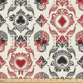 Lunarable Skull Fabric by The Yard, Playing Card Themed Skeleton Head Ace of Spades Diamonds Hearts Victorian, Decorative Fabric for Upholstery and Home Accents, 1 Yard, Vermilion Black
