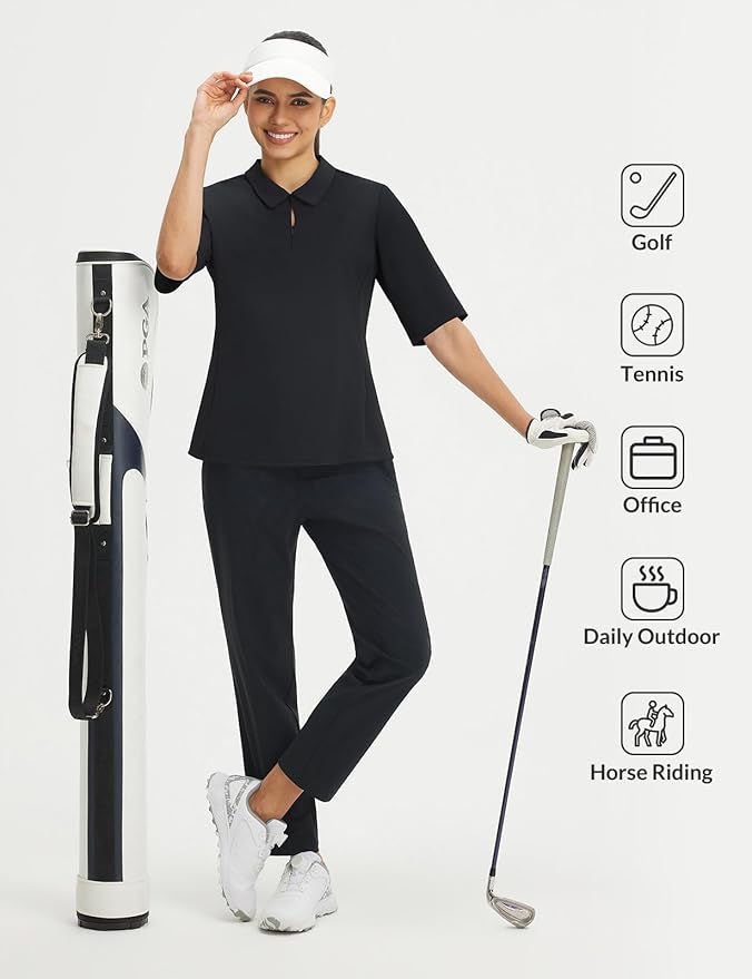 baleaf Women's Golf Shirts Half Sleeve Elbow Length Sleeves Polo Tops Workout Athletic Collared Quarter Zip V Neck UPF