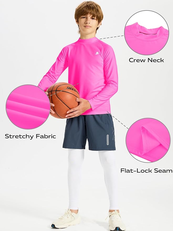 DEVOROPA Youth Boys Compression Thermal Shirt Long Sleeve Kids Fleece Baselayer Soccer Baseball Undershirt Slim/Regular/Husky