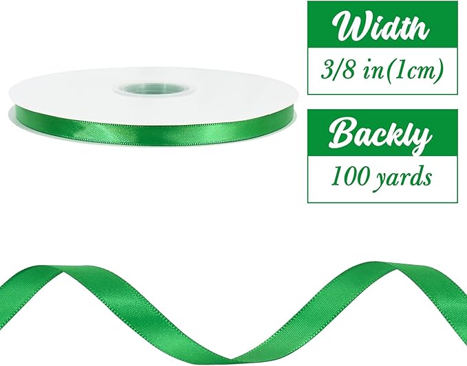 TONIFUL 3/8 Inch x 100yds Bright Green Satin Ribbon Thin Solid Fabric Ribbons - Image 2