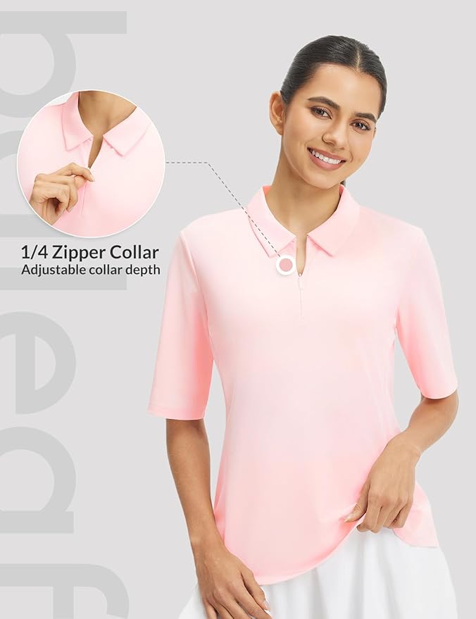 baleaf Women's Golf Shirts Half Sleeve Elbow Length Sleeves Polo Tops Workout Athletic Collared Quarter Zip V Neck UPF
