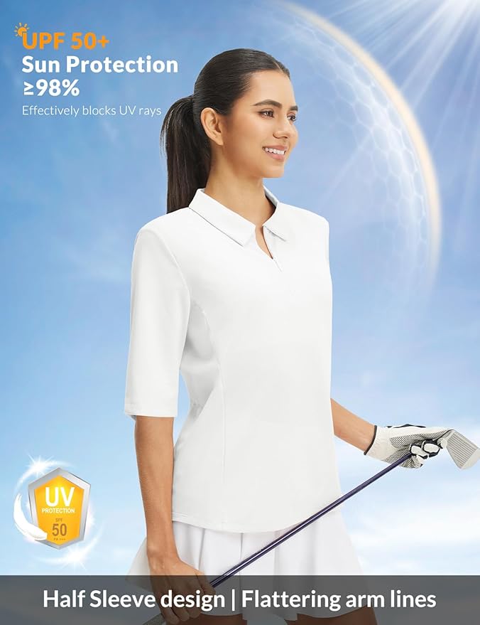 baleaf Women's Golf Shirts Half Sleeve Elbow Length Sleeves Polo Tops Workout Athletic Collared Quarter Zip V Neck UPF