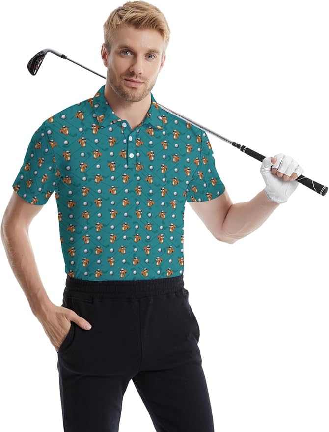 HUURAY Funny Golf Polos for Men Funny Print Short Sleeve Shirts Quick Dry Polo Shirts Hawaiian Shirt Performance Golf Outfits