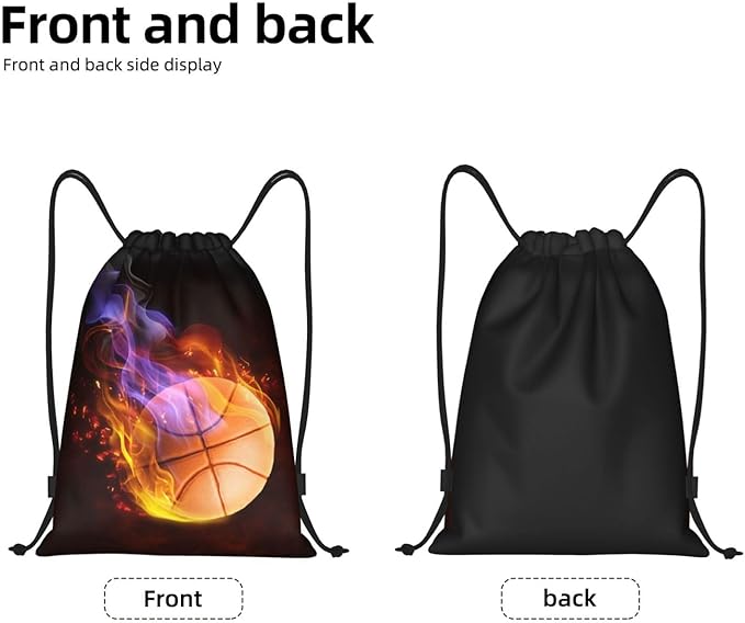 Kids Drawstring Bag with Fire Basketball for Boys, Sports Drawstring Backpack for Teens Boys Girls Adults Women Men, Black Daypack Bag for Work Gym Swim Travel Hiking School, Medium