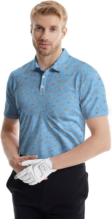 HUURAY Funny Golf Polos for Men Funny Print Short Sleeve Shirts Quick Dry Polo Shirts Hawaiian Shirt Performance Golf Outfits