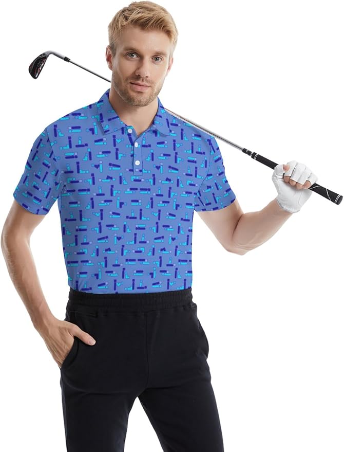 HUURAY Funny Golf Polos for Men Funny Print Short Sleeve Shirts Quick Dry Polo Shirts Hawaiian Shirt Performance Golf Outfits